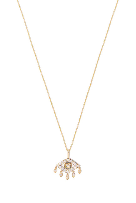 Evil Eye Fringe Charm Necklace, 14k Yellow Gold & Diamonds
